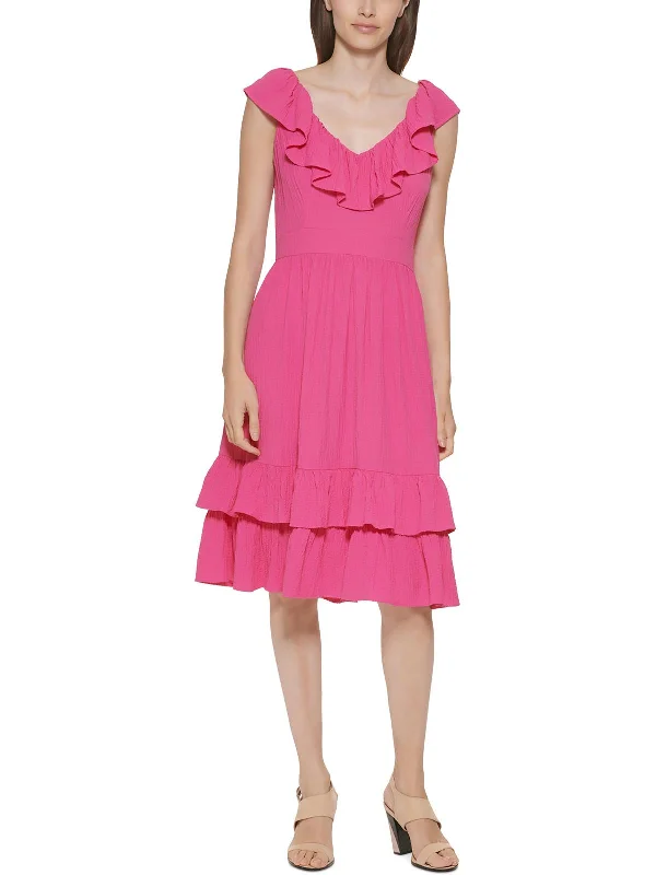 Womens Ruffled V-Neck Fit & Flare Dress